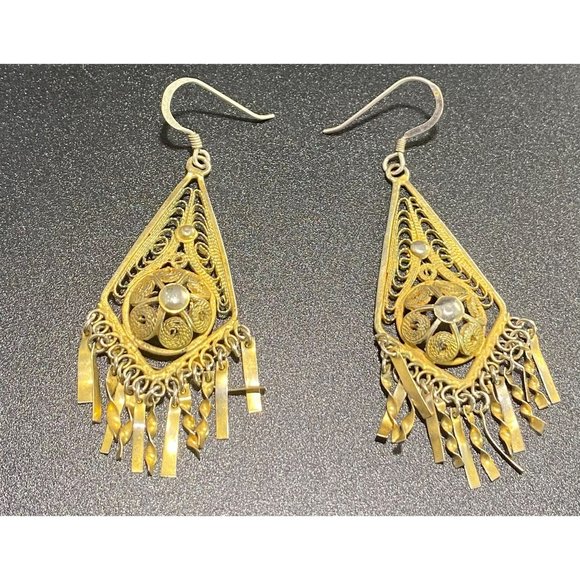 Vintage Victorian Filigree Dangle Earrings Vermeil Tone 925 Hooks - Picture 6 of 7